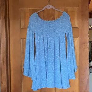 Blue Off-Shoulder Dress with Polka Dots bohemian style